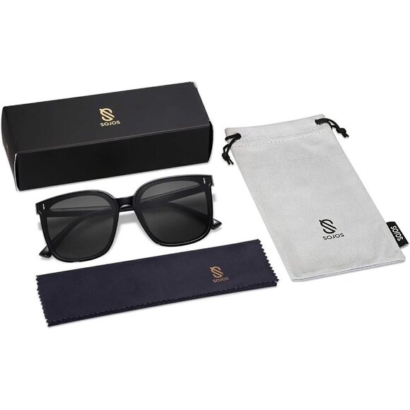 ?Sojos Retro Square Polarized Women Black Trendy Oversized frames Sunglasses